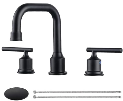 WOWOW Two Handles Widespread 8 inch Bathroom Faucet Black 3 Pieces Basin Faucets 360 Degree Swivel Spout Lavatory Sink Faucet
