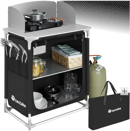 tectake® Meuble de Rangement Cuisine de Camping Pliable Premium en Aluminium, avec 2 Étagères, Plan de Travail, Pieds réglables, Sac de Transport Inclus, Stockage pour Vaisselle, Accessoires Cuisine
