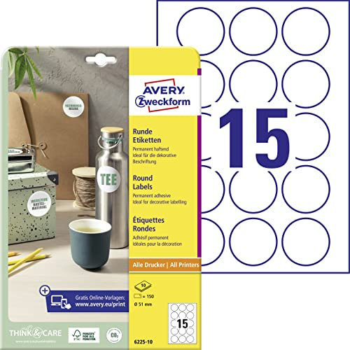 AVERY Zweckform 6225-10 Runde Etiketten (150 Klebepunkte, Ø51mm auf A4, runde Aufkleber zum Bedrucken, selbstklebende Produktetiketten, permanent haftende Marmeladenetiketten) 10 Blatt, weiß