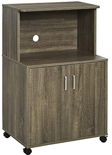 HOMCOM Mueble de cocina multiusos con 4 ruedas, Armario Mueble Almacenaje con estante para microondas de madera aglomerada, 60,4 x 40,3 x 97 cm, color madera