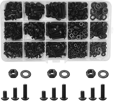 Juego de tornillos M3 M4 M5 de 540 piezas con tuercas hexagonales y arandelas, Tornillos Roscados Cabeza Plana de Botón y Tuercas y Arandelas Acero al Carbono Negro
