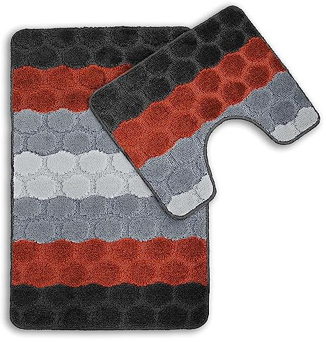 2pc Bath Mat Set Non Slip, Bath & Pedestal Mats, Hex Stripe Design For Bathroom Toilet, 2 Piece, Soft, Absorbent And Slip Resistant (Orange)