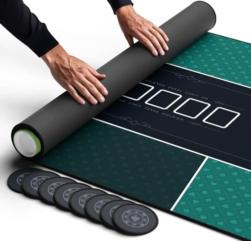 Newverest Tappetino da Poker 178 × 89 cm, Texas Hold’em Per Le Tue Serate Di Gioco, Fino a 10 Giocatori, Casino e Blackjack, Borsa con Cerniera Resistente, 8 Sottobicchieri, Scatola Regalo