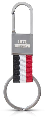Deugard Exklusiver Edelstahl Karabiner Metall glänzend, mit gewebtem Band Farbe Schwarz-Weiß-Rot mit hochwertiger Verpackung 1871 Schlüsselanhänger.
