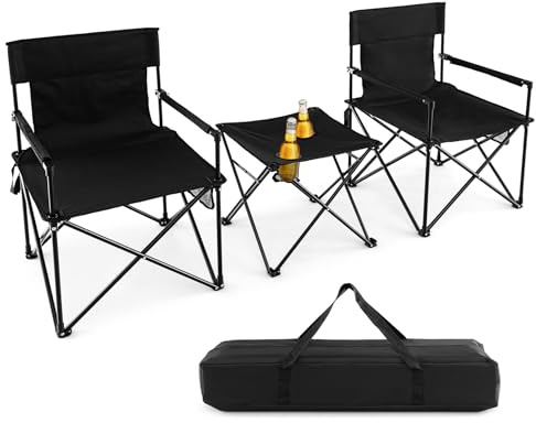 KOMFOTTEU Juego de 2 Sillas de Camping con Mesa Plegable, Sillas de Pesca Portátil con Mesita con Soporte para Bebidas, Bolsa de Transporte, para Picnic, Barbacoa, Jardín, Negro