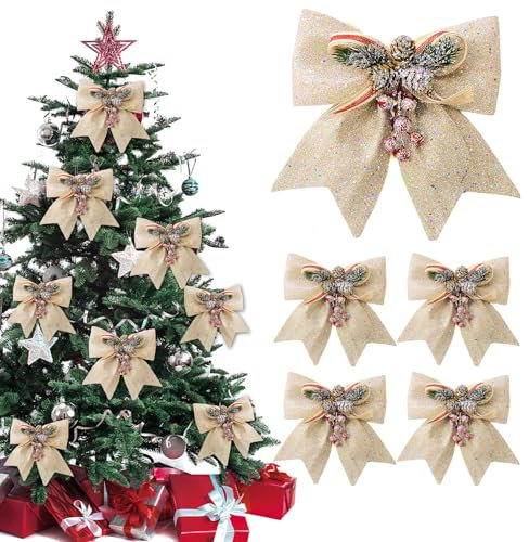 SilverChry Lazos Arbol Navidad - 5 Purpurina Lazos Navidad, Christmas Bow Decoration, Lazos Navideños con Purpurina, Ideal para Cajas de Regalo, Bodas y Decoración de Fiestas