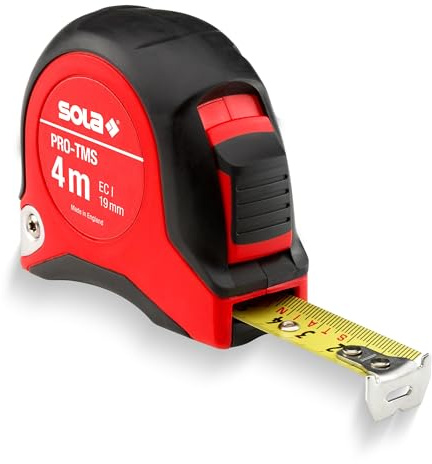 SOLA PRO-TMS - Mètre ruban inoxydable 4 m/19 mm - En acier inoxydable robuste - Laqué jaune avec échelle en mm - Classe de précision I - Mètre enrouleur avec crochet d'extrémité mobile - Longueur 4 m
