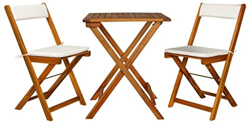 3-TLG. Bistro-Set Klappbar mit Auflagen Massivholz Akazie Gartenmöbel, Gartenmöbel-Sets