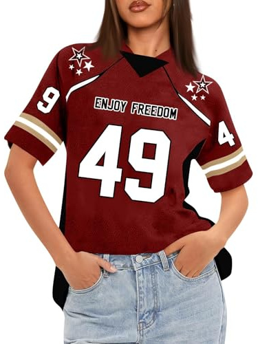 T-Shirts Oversize pour Femmes en Jersey Ample avec imprimé Graphique Y2K et numéro imprimé, épaules Tombantes, Style Streetwear. 01-Vin Rouge M