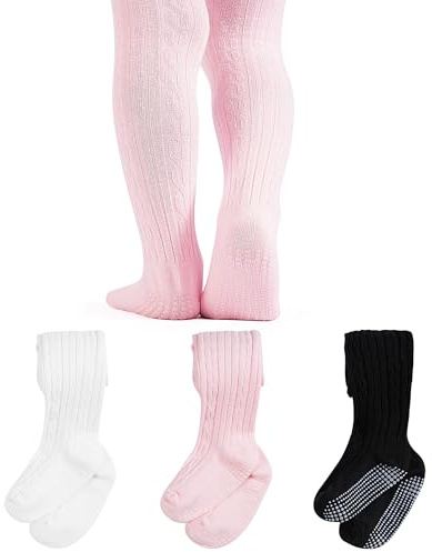 ZERULETS Baby Girls Tights Non Slip 3 Pack Cable Knite Cotton Rich Pantyhose for Newborn Infant Toddler (1 Years-2 Years) - Black White Pink Grey