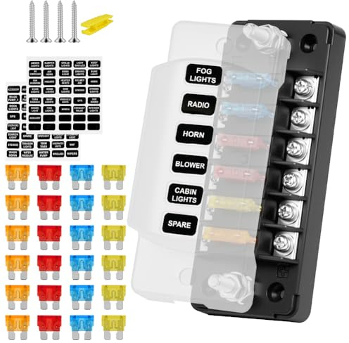 Flintronic Scatola Fusibili 6 Vie, Portafusibili Lama Atc/Ato, 24 Fusibili, Con Indicatore Led E Impermeabile Coperchio Di Protezione, Per Auto, Barca, Furgone, Suv, Moto- Rettangolo * Stile A