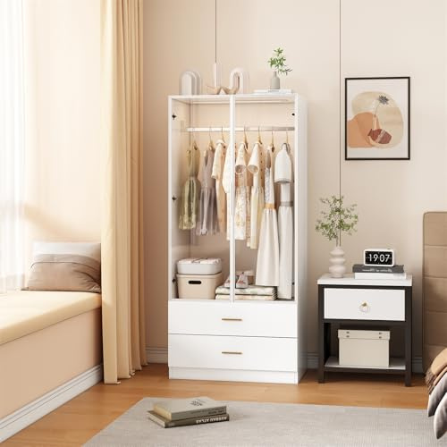 BestAlice Armadio moderno con luce a LED e ante in vetro, 2 ante, multifunzione, appendiabiti e 2 cassetti, per soggiorno, camera da letto, cameretta dei bambini, bianco (80 x 50 x 175 cm)