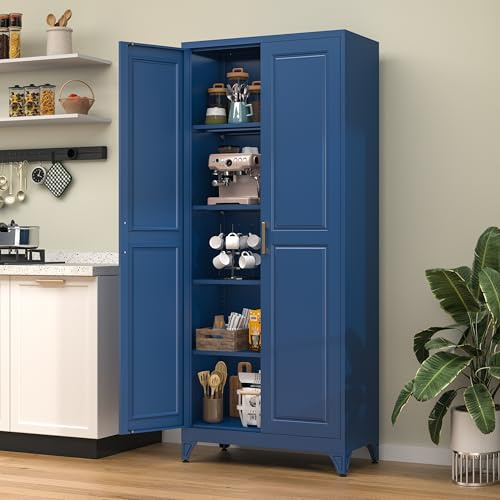TIMELESS PIECES 75” Metal Tall Kitchen Pantry Cabinet,Metal Storage Cabinet with Doors and Adjustable Shelves,Modern Kitchen Hutch Cabinets,Freestanding Cupboard for Living Room