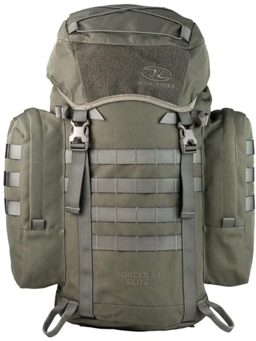 Highlander Forces Elite 33L ryggsäck – kraftig militär, taktisk, vandring, vandring, kadett, utomhusryggsäck – med MOLLE, midjerem, lockficka, vadderad rygg, vätskeblåsa kompatibel, Ranger grön, S