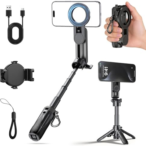 Treppiede magnetico mini 4-in-1 per smartphone, bastone selfie con telecomando Bluetooth rimovibile, zoom regolabile, slitta fredda, per iPhone e Android – pieghevole, ideale per vlog/fotografia