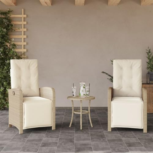 Drainlyn Trädgårdsfåtölj justerbar med fotdel, 2 st. beige poly-rotting, väderbeständig med stoppning, hög rygg för balkongstol och terrass, utrymmesbesparande, utomhus, lounge för avkoppling