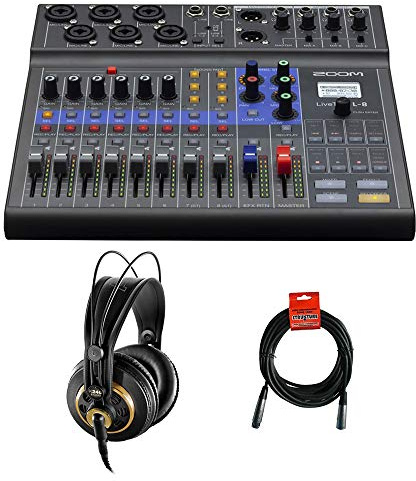 Zoom LiveTrak L-8 Portable 8-Channel Digital Mixer/Recorder with AKG K 240 Studio Pro Headphones & XLR Cable Bundle