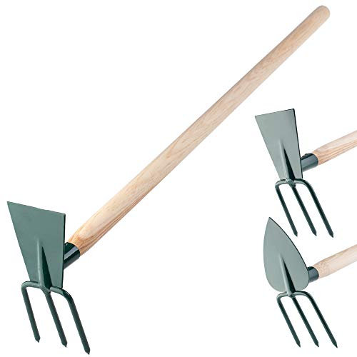KADAX Hache de jardin à double hache pour jardin, aérer et rajeunir le sol, accessoires de jardin en métal pour enlever les mauvaises herbes klein, 3 Zinken - Rechteck Manche en bois