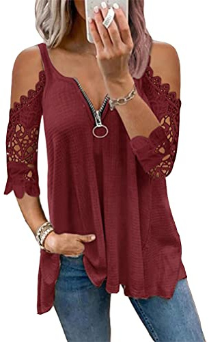 ORANDESIGNE Magliette Donna Camicia con Spalle Scoperte in Pizzo Maniche Corte Scollo a V Cerniera Vuoto Casual T-Shirt Pieghettata Bluse Tops Lungo Magliette a Manica Lunga Autunno Inverno