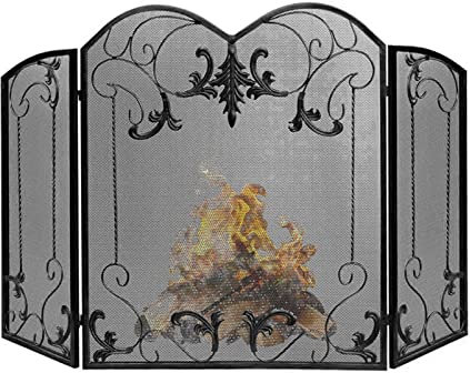 Parascintille Griglia parascintille in metallo a 3 pannelli in stile europeo, schermo per camino in ferro battuto nero per camera da letto, schermi per caminetto con finitura anticata (49,12 × 31,44 p