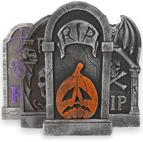 MIJOMA Schauderndes Halloween Friedhof Deko-Set: 4 verblüffend Reale Schaumstoff-Grabsteine - RIP Inschrift, Perfekt für Garten und Yard Schreck. Unvergleichlich Gruselig, 40x20x2cm