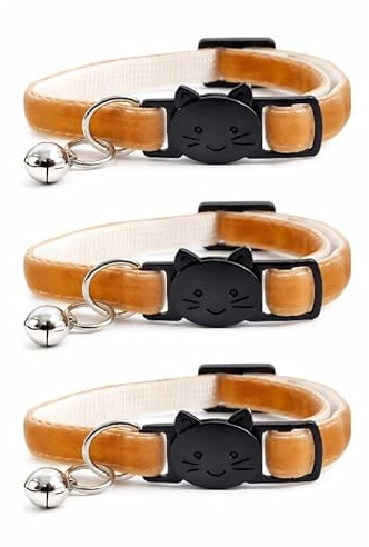 Velvet Cat Collars with Bell. Safe Breakaway Quick Release Buckle. Available in Cat & Kitten Size (Pack of 3) (Cat Collar (20cm - 30cm), Coffee Velvet (Pack of 3))