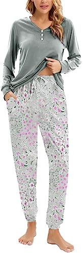 Famulily Pyjama Sets for Women Uk V Neck Cotton Floral Womens Pj Long Sleeve Sleepwear Soft Grey M