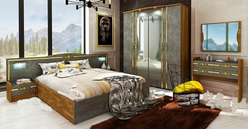 Camera da Letto Completa Rovere e Grigia con Finiture in Oro con Armadio ad Ante Battenti Letto Matrimoniale con Comodini Integrati e Comò con 4 Cassetti CDLU30 (solo camera)