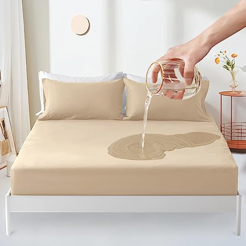 Wasserdichtes Spannbettlaken 90x190cm, Wasserdichter Matratzenschoner mit 30 cm Tiefe Tasche, Spannbetttuch-Stil, matratzenbezug mit elastischem Gummiband (Hellbraun)