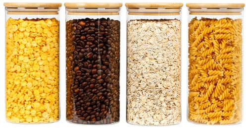 MUUKAIII Tarros de Cristal con Tapa Bambú, Juego de 4 Tarro de Vidrio de Almacenamiento Botes Cocina Almacenaje para Avena, Café, Judías, Té, Granos