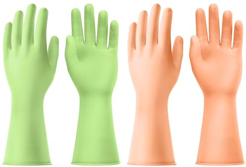 AUAUY 2 Paire Gants de Menage de Vaisselle, Gants de Cuisine de Nettoyage Réutilisables en Caoutchouc, Antidérapant, pour Le Nettoyage de La Cuisine, La Lessive, Le Jardinage (Vert + Orange, S)