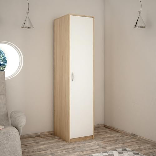 Home Collective Kleiderschrank mit 1 Tür, 1 Kleiderstange und 2 Einlegeböden, Garderobenschrank 45 cm breit Schrank schmal Matte Oberfläche, für Schlafzimmer, Wohnzimmer, Flur | Sonoma weiß