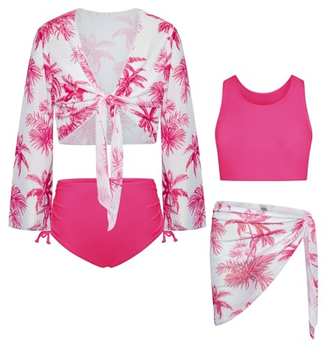 GRACE KARIN Girls Swimsuit Size 7-8 4 Piece Bikini Set Bathing Suit with Kimono Cover Up Tankini Set Swim Outfit White-hot Pink