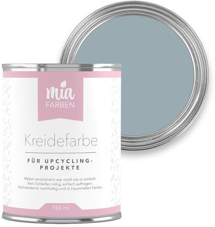 miafarben Kreidefarbe für Möbel 750ml, Möbellack, Möbelfarbe ohne schleifen, Kreidefarbe für Holz (Mildes Nebelblau)