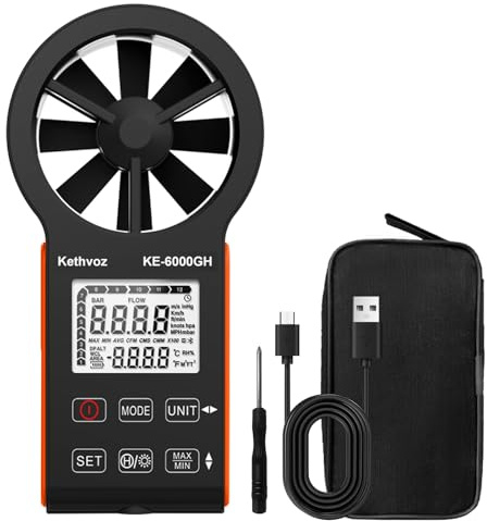 CFM Anemometer Handheld Air Flow Meter, HVAC Wind Meter Measuring Wind Speed 0.3~30m/s & Air Volume 0~999,900 ft3/min with Temperature & Auto-off, MAX/MIN/Real-time Display, Kethvoz 6000GH Windometer