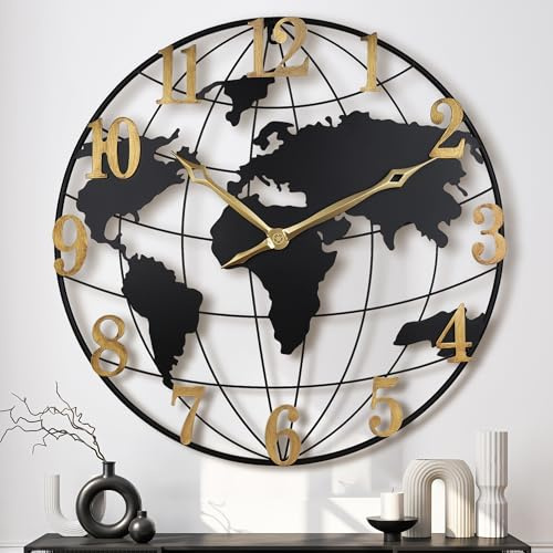 Lafocuse 23 Inch Large Black World Map Wall Clock Metal, Modern Silent Non-Ticking Wall Clocks for Living Room Decor, Oversized Clocks with Vintage Gold Arabic Numbers for Bedroom Home Kitchen Office