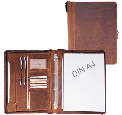 ALMADIH A4 Dokumentenmappe echt Leder mit Schreibblock BV Ledermappe Ringbuchmappe Mappe Schreibmappe Organizer Terminkalender Aktenmappe Konferenzmappe (Braun Vintage)