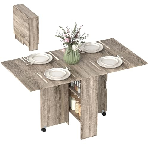 HOMCOM Tavolo da Pranzo Pieghevole, Tavolo Cucina a Ribalta per 6 Persone, Scrivania Richiudibile Salvaspazio con 2 Ripiani Aperti e Ruote a Freno, per Soggiorno, Ufficio, 140x75x74cm, Grigio