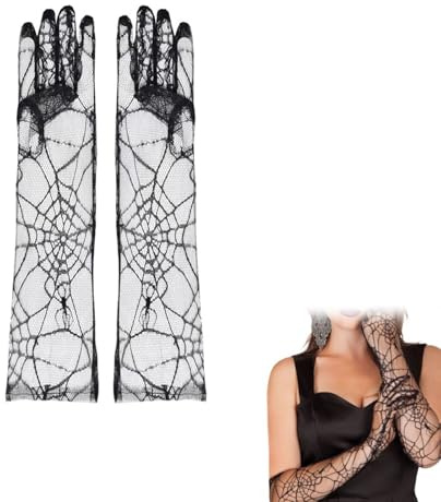 JYNVO 1 par de guantes largos de encaje para mujer con motivos de Halloween, guantes sin costuras negros, guantes de novia de malla negra, ideales para fiestas de Halloween, cócteles y bailes