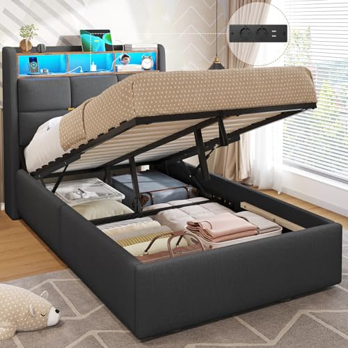 DICTAC Lit Coffre 90x190 avec éclairage LED et Prise,Lit Enfant 90x190 avec Rangement et Tete de Lits,Cadre de lit 1 Place 90 x 190 avec Sommier à Lattes,Lits Rembourré en Lin,Gris Foncé-sans Matelas