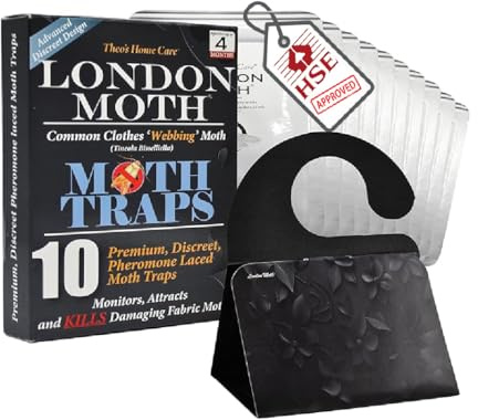 LONDON MOTH KILLER 10 Premium, Discreet, Sticky Pheromone Traps. Advanced Black Interior Design. Moth Traps for the Common Clothes Moth and Similar Variants, for Fabric and Carpet Protection.