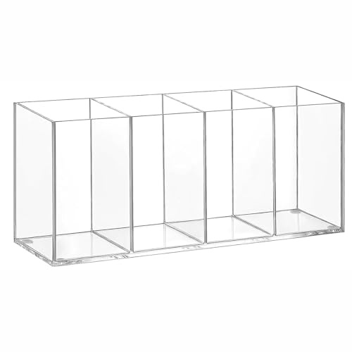 Acrylic Pen Holder, 4 Compartments Clear Desk Organiser Pencils Pot | Ideal Storage for Pencils Pens Stationery and Makeup Brushes,Suitable for School Office and Countertop
