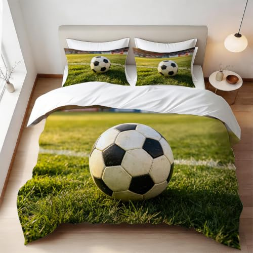 Set Copripiumino Singolo 150x200 cm Calcio Biancheria da Letto Tema Sportivo in Morbido Microfibra 3 Pezzi 1 Copripiumino e 2 Federe 50x80 cm con Cerniera E/344