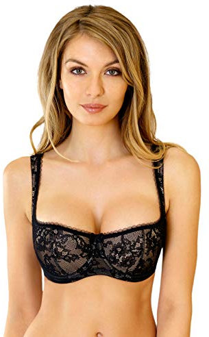 Rosme Women's Balconette Bra with Push Up Effect – Plus Size Sexy Lace Demi Half Cup Bra – Lightly Padded Underwired Low Cut Mesh Design Eliza, Black, Size 36C