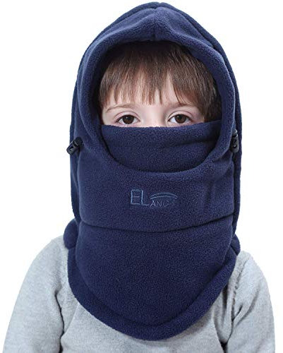 VJOLI Unisex Kinder Winter Mütze Jungen Mädchen Kapuzenschal, 5 in 1 Hut mit Warmen Schal Ski-Outdoor Sport Winter Schlupfmütze Cap 2-15 Jahren (Dunkelblau) (Blau)