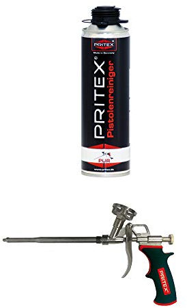 PRITEX – Set aus 1x 500 ml Pistolenreiniger + Schaumpistole – Schaumreiniger für Montagepistolen, Dosenventile & Oberflächen + Bauschaumpistole zur Verarbeitung von 1-Komponenten-Schäumen