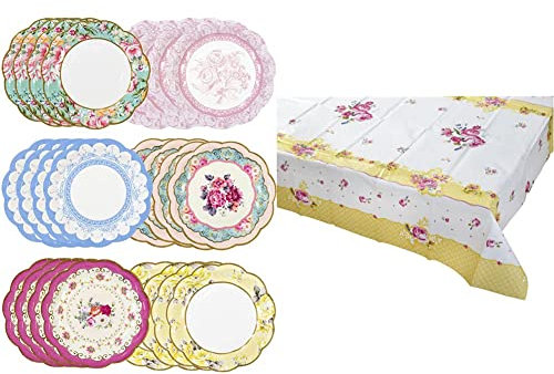 Talking Tables Pack of 24 Vintage Floral Paper Plates with Scalloped Edge, Wedding 17.5cm & Truly Scrumptious Tea Party Floral Table Cover Rectangular, Paper, Pink and Yellow, 180 x 120cm, 70 x 47
