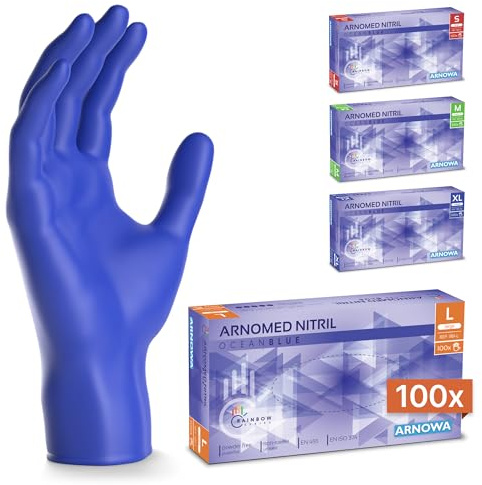 100x ARNOMED® Guantes nitrilo talla L Azul Océano, Guantes desechables quirurgicos y laboratorio, Luvas nitrilo descartaveis sin polvo y látex, Manoplas nitrilo en XS, S, M, L, XL, XXL