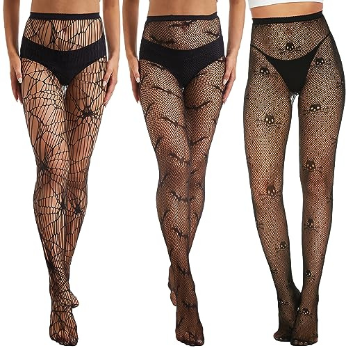MANZI Halloween Tights Black Fishnet Skull Bat Spider Web Stockings Women Costume