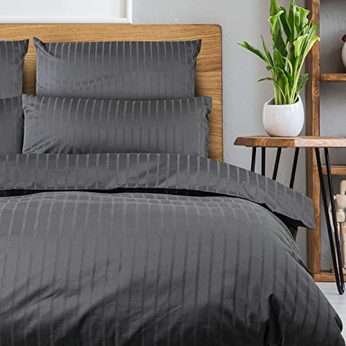 slummer Bettwäsche 135x200 Baumwolle 4teilig anthrazit - Damast Hotel Streifen grau Baumwolle - YKK – Reißverschluss Mako Satin Bettwäsche-Sets